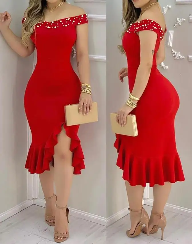 

Ladies Summer Dress One Shoulder Sexy Party Dress Split Petal Hem Beaded Off Shoulder Ruffle Edge Slim Fit Party Dress