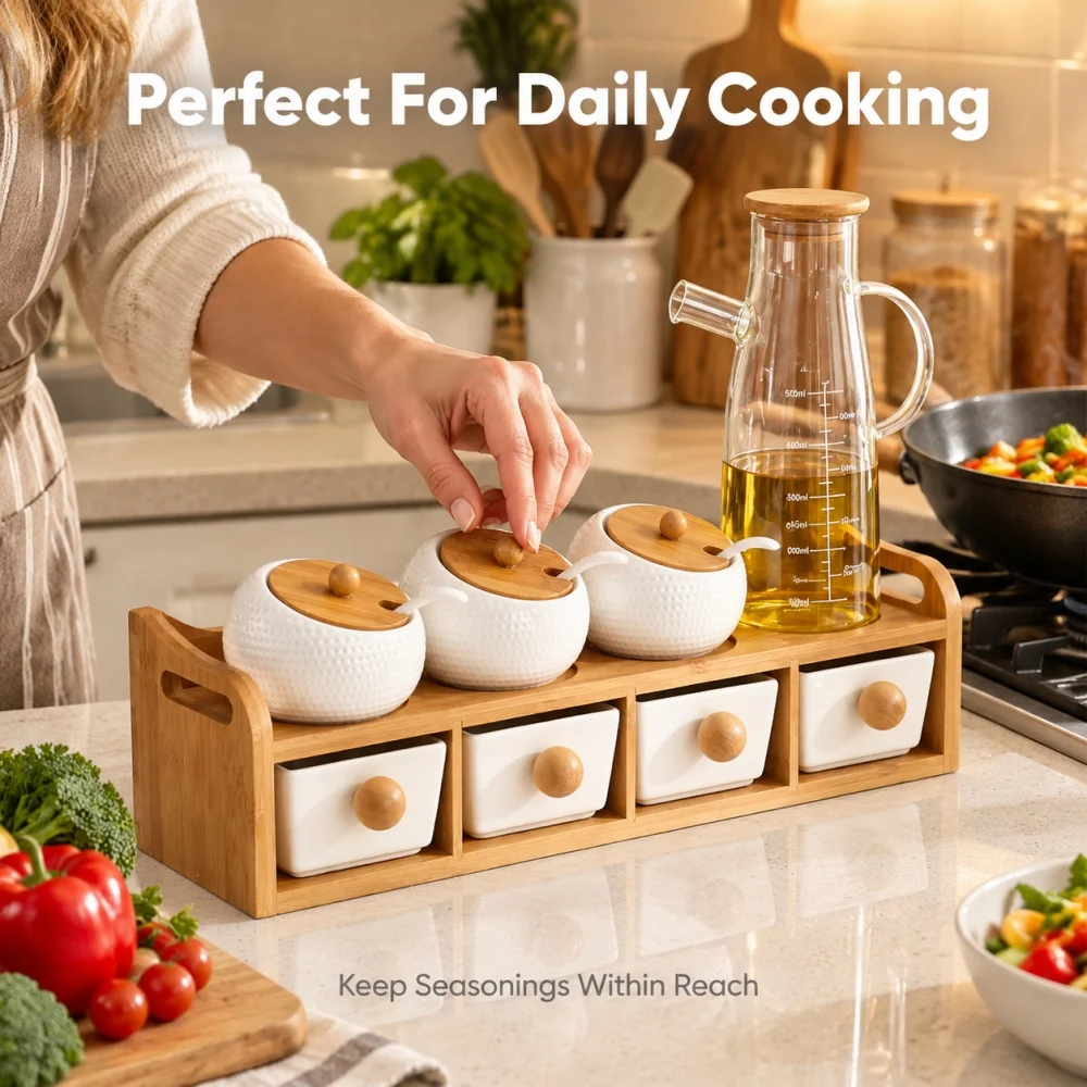 2-Tiers Ceramic Spice Jar Set with Glass Oil Dispenser 8-Piece Kitchen Seasoning Containers Salt Pepper Chili Condiment Pots