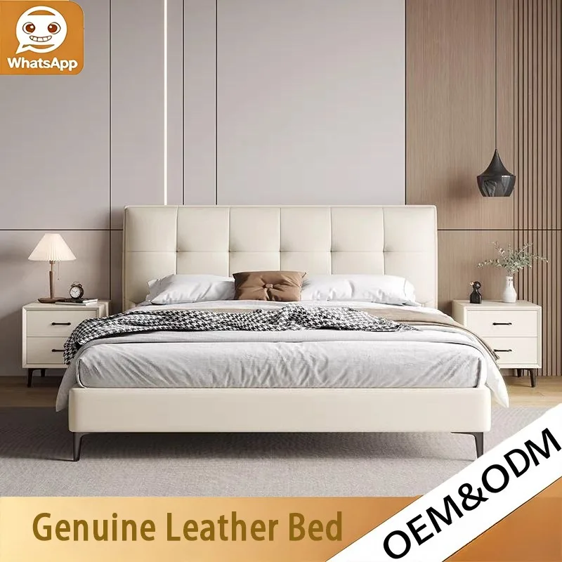 Modern Luxury Italian Leather Double Bed Set Minimalist High Quality Designer Bedroom Furniture for Home & Hotel Use