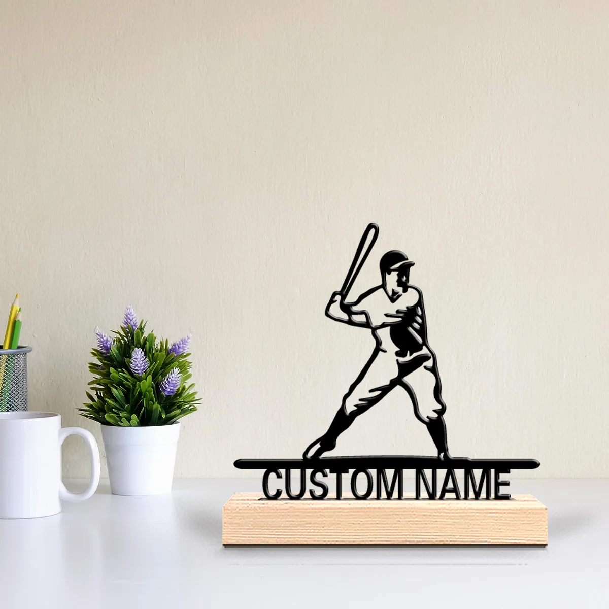 1pc Cute Personalized Custom batter Metal Statues Wooden Base Wall Decor for Living Room, Office, Modern Industrial Home Style