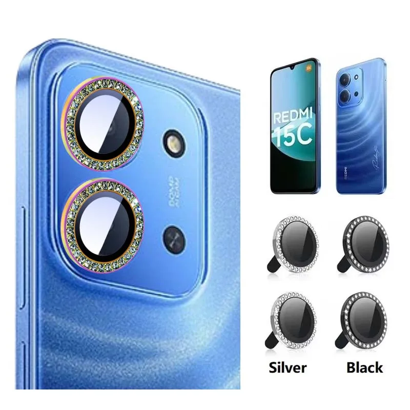 for Redmi 15C Lens Protector Colorful Metal Ring Rhinestone Tempered Glass Cap Camera Protective Cover Hard Film Glass