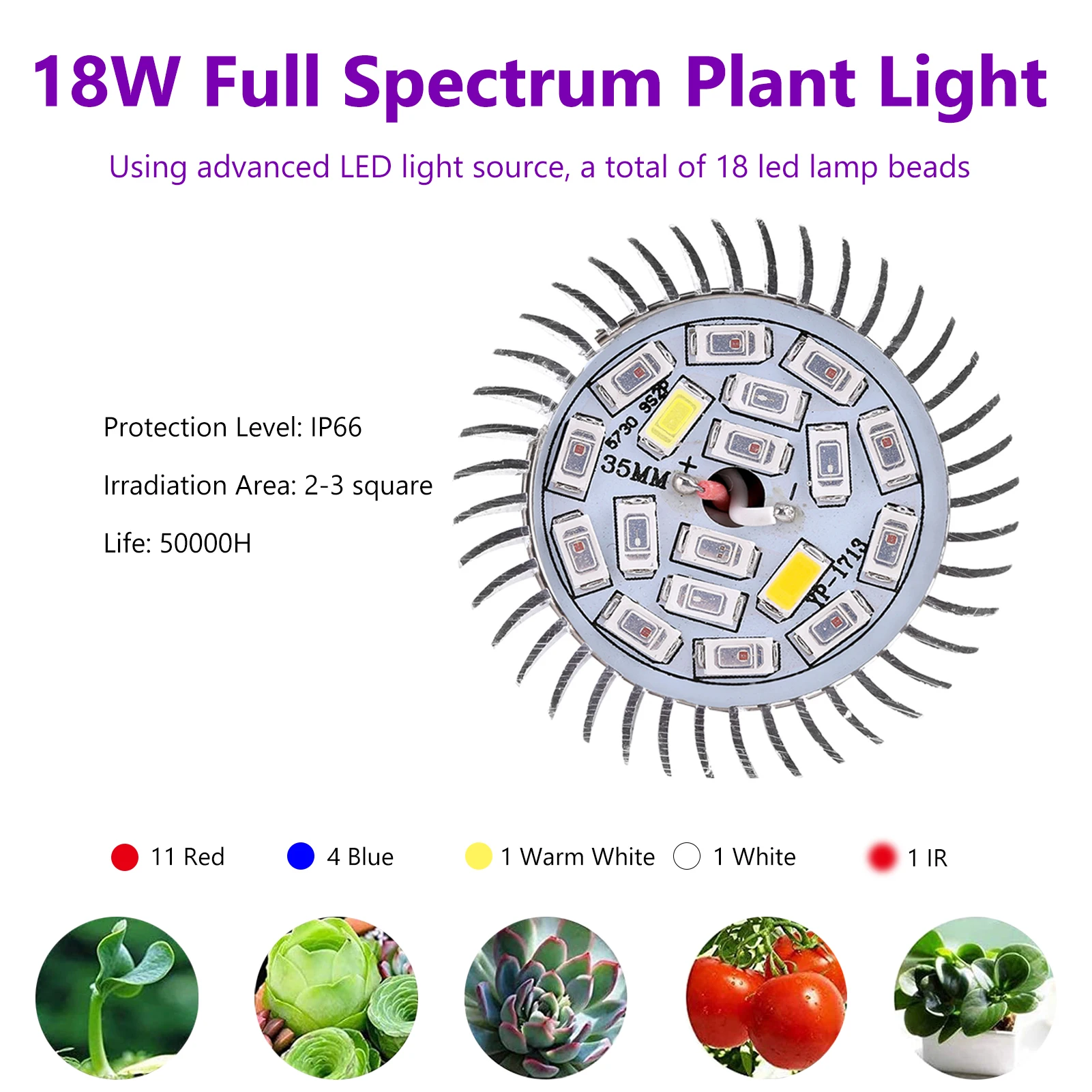 ZK10 Full Spectrum 85-265V 18W 18 LED Grow Light Flower Plant Hydroponic Growth Bulb (E14)