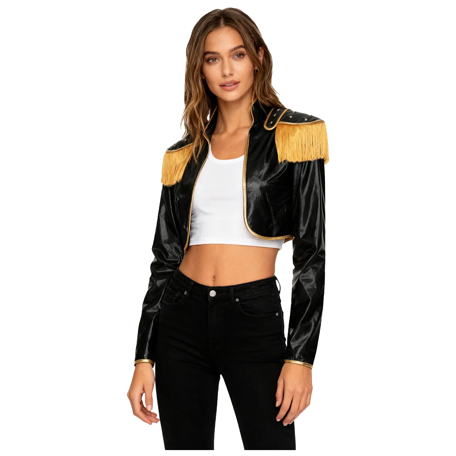 

Women Demon Singer Cropped Jacket Shoulder Boards with Rivets And Fringe Long Sleeve Iridescent Cardigan Jazz Music Party Coats