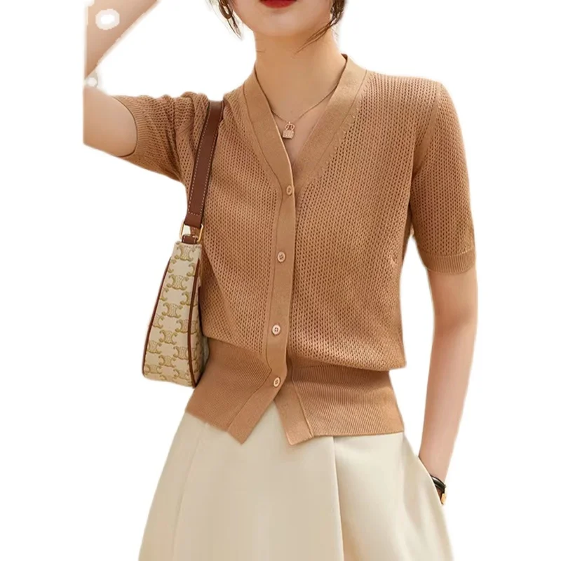 hollow out knit cardigan ice silk short sleeve female summer new air conditioning shirt cotton and linen sunscreen jacket