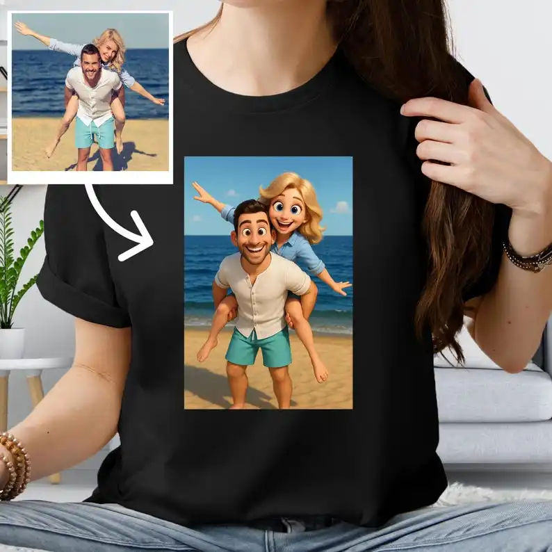 

Custom 3D Photo Cartoon Portrait T-Shirt Unisex Personalized Animated Caricature Style Tee Personalized Gifts for Family Party