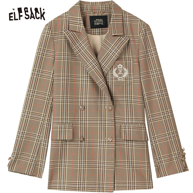 ELFSACK Checkered Brown Suit Jackets Women 2023 Autumn New Casual Coats