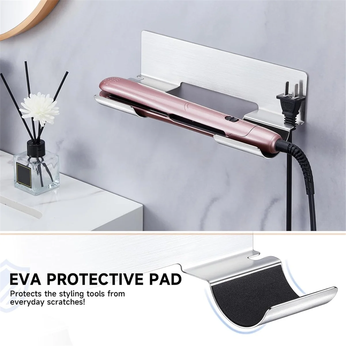 A72P حامل تخزين أدوات الشعر، حامل مجفف الشعر، منظم أدوات الشعر، حامل مجفف الشعر للحمام، مثبت على الحائط، ذاتي اللصق #5