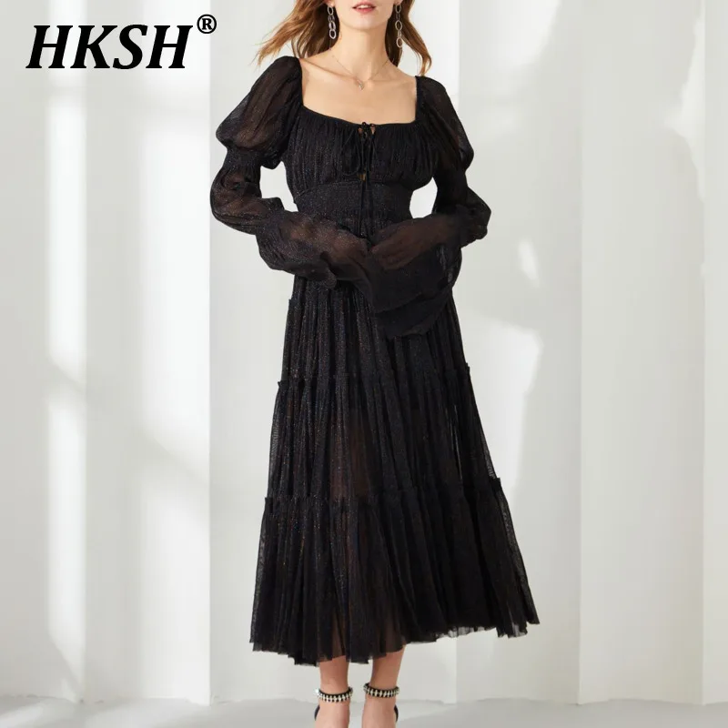 

HKSH Summer New Women's Tide Chic Ins Fashion Elegant Temperament Sweet Solid Color Sequin A-line Long Sleeved Gown Dress HK5858