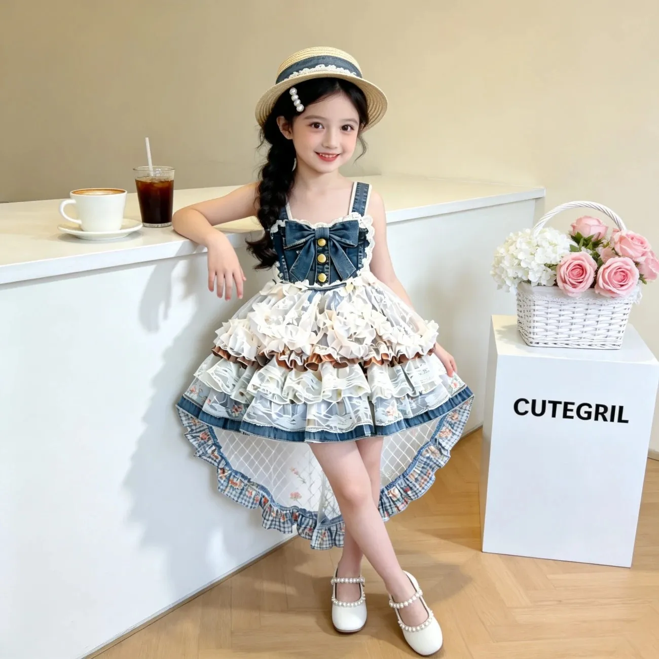 

Girls Lolita Denim Dress Summer Puffy Tulle Mesh Princess Gown Baby Girl Sweet Birthday Party Pageant Kids Clothing
