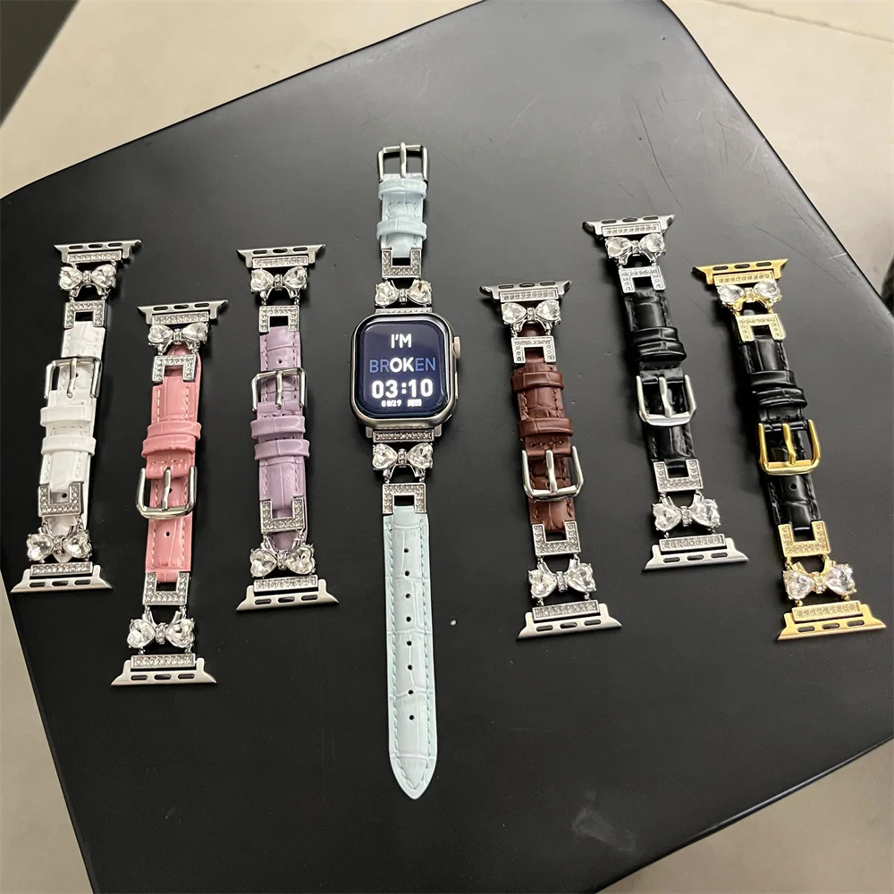 Heart Bow Leather Strap For Apple Watch Band 44mm 40mm 41mm 42mm 38mm 49mm Watchband Diamonds Bracelet For iWatch Series 9 8 7 6