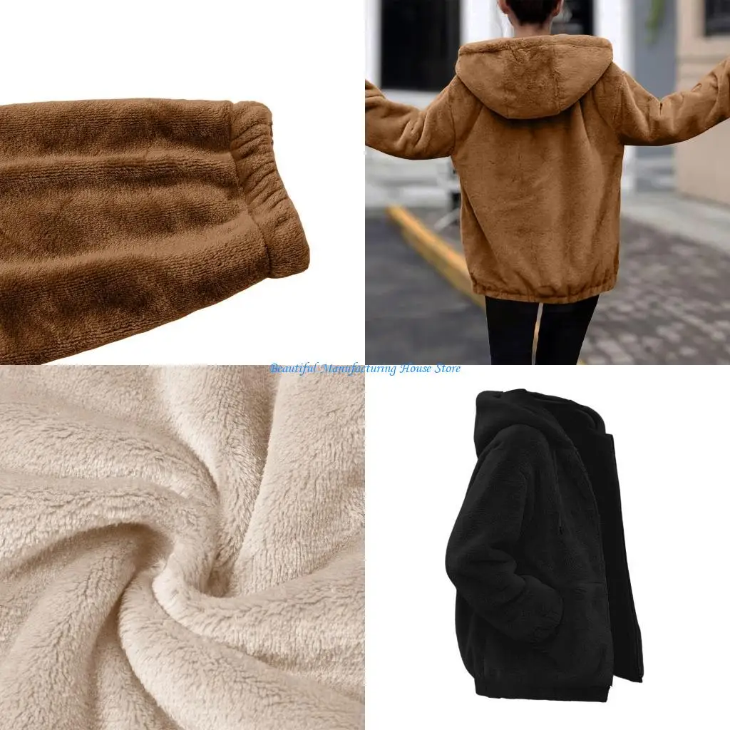 

E56A Winter Ladies Hooded Sweatshirt Plush Lined Full Zip Long Sleeve Coats