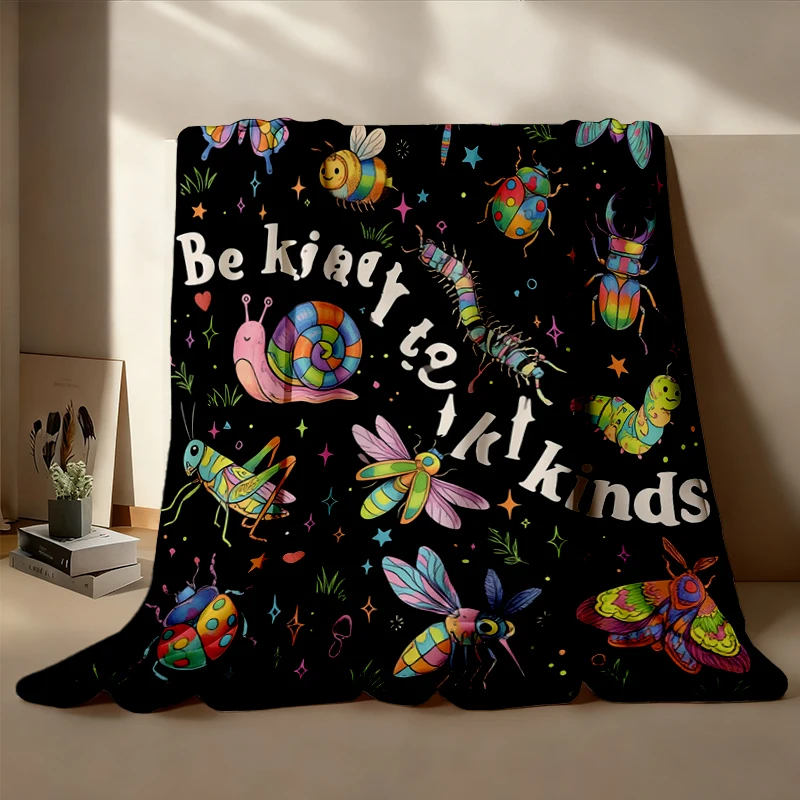 Be Kind To All Kinds Flannel Blanket, Colorful Insect Nature Flannel Throw, Childlike Wildlife Graphic Cozy Blanket