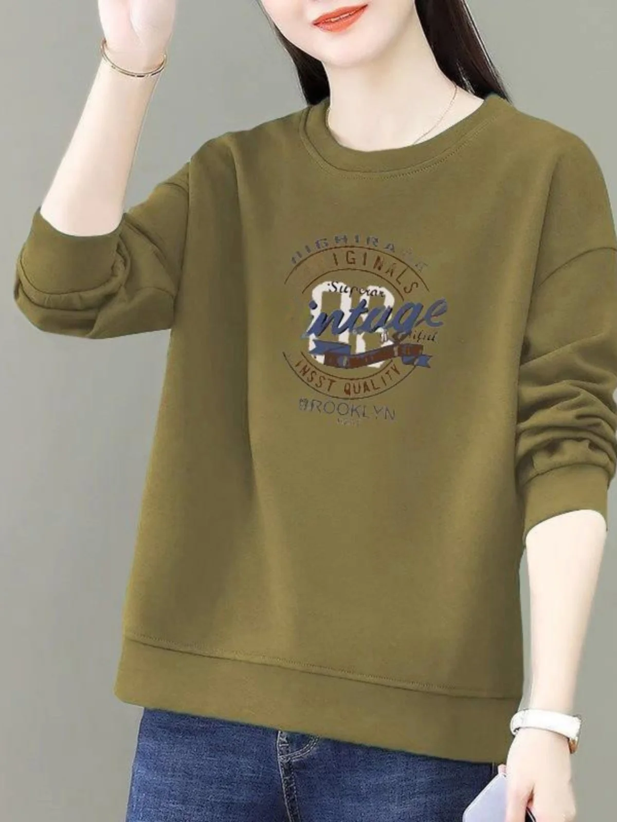 

100% Pure Cotton Sweatshirt Loose Fit Large Size Women's Inner Wear Elegant Versatile Popular Print Autumn Winter Long Sleeve...