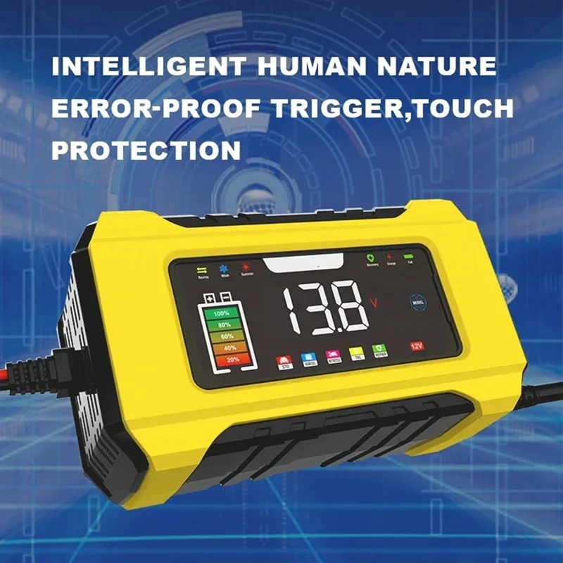 12V Car Battery Charger 6A Fully Automatic Battery Charger with LCD Display Lead Pulse Repair Charger EU PLUG Yellow-A25R