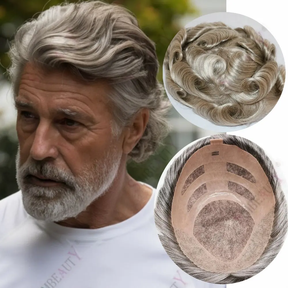 

100% натуральные человеческие волосы, серые с черным оттенком 1b80, суперпрочный парик-накладка с моно-полиуретановой основой спереди и NPU сзади, мужской протез для волос, система замещения волос