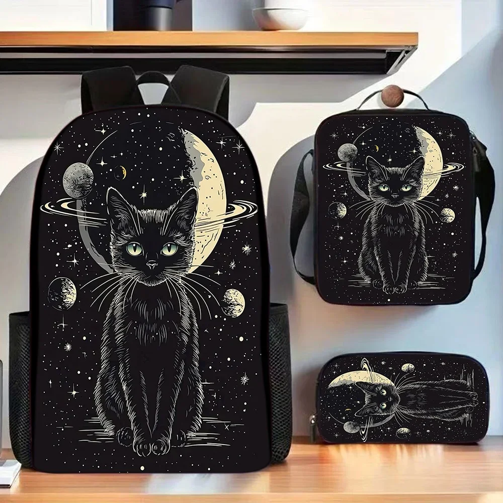 Black Cat 3pcs Large Capacity Oxford Cloth Travel Bag With Laptop Compartment, Unisex Backpack With Pencil Case And Lunch Box, H