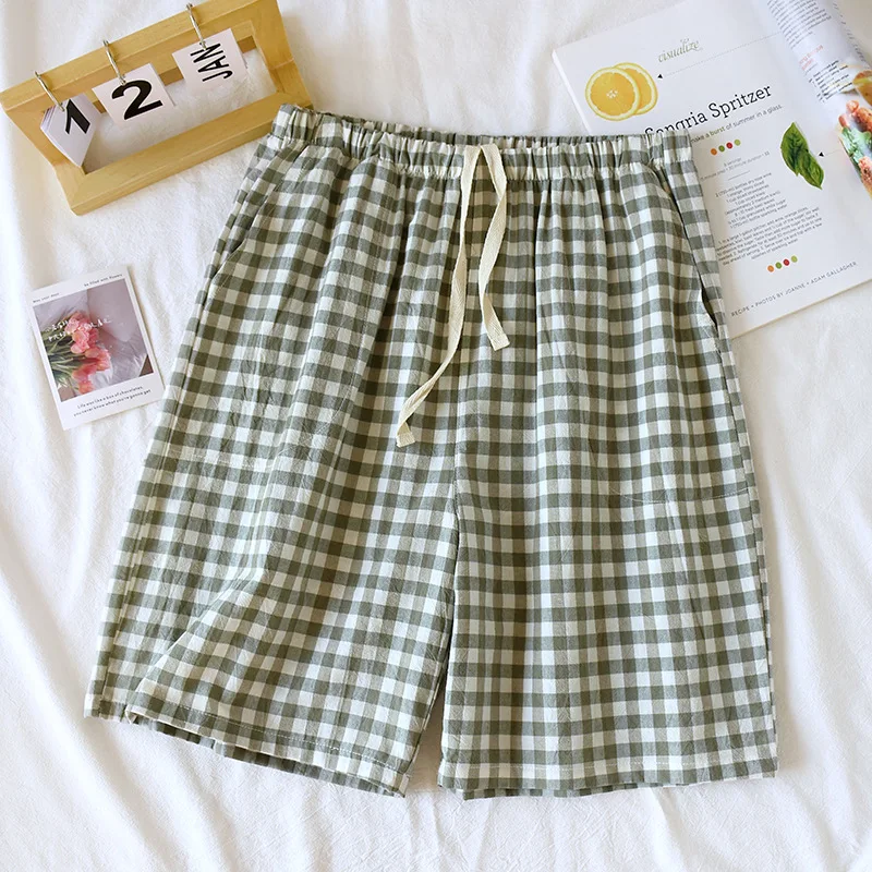Men Pajama Pants Summer Washed Cotton Plaid Shorts Simple Style Casual Breathable Sweat Absorbent Plus Size Thin Shorts Solid C