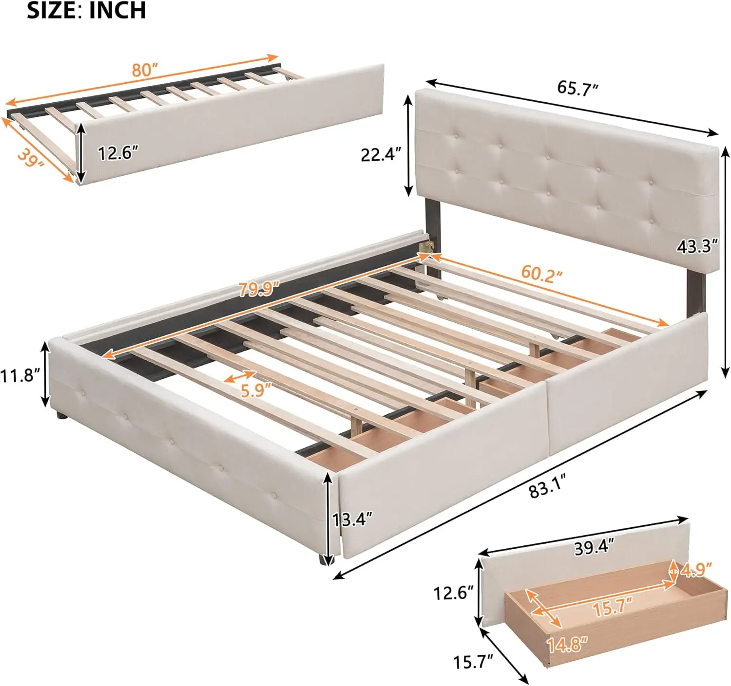 Bellemave Queen Size Platform Bed, Queen Linen Fabric Upholstered Platform Bed Frame With 2 Storage Drawers And 1 Twin Xl