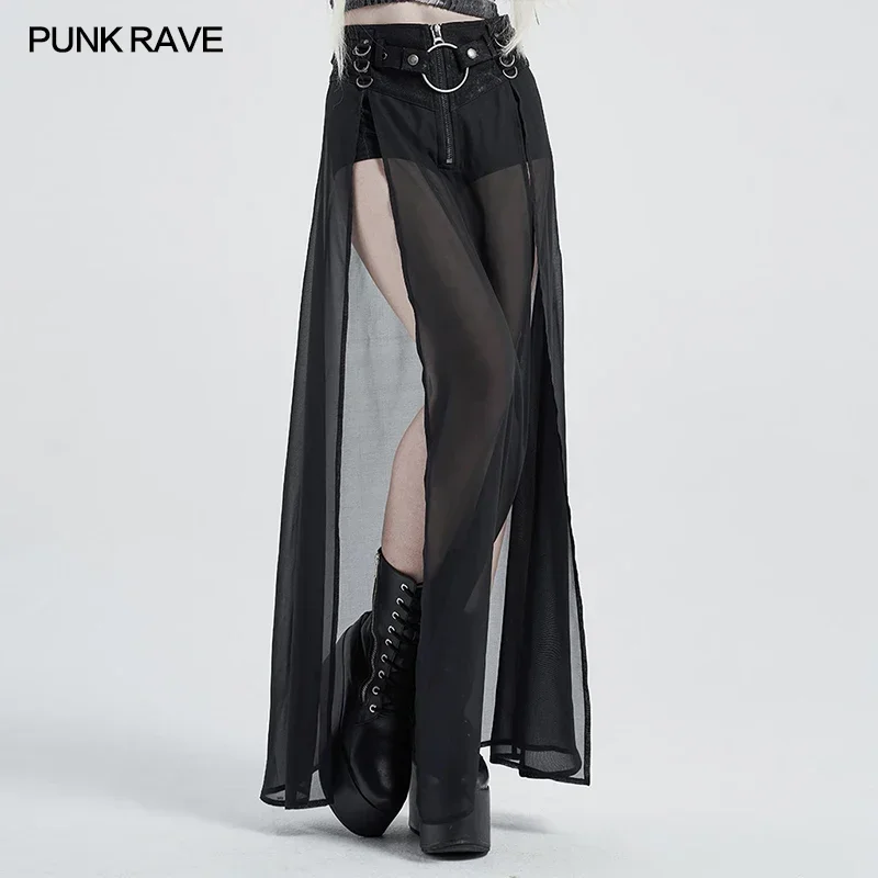 

PUNK RAVE Women's Punk High Waist Fake Two-pieces Half Skirt Simple Style Split Hem Sexy Perspective Chiffon Women Long Skirts