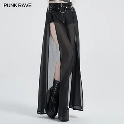 PUNK RAVE, media falda Punk de dos piezas falsa de cintura alta para mujer, estilo Simple, dobladillo dividido, perspectiva Sexy, faldas largas de gasa para mujer