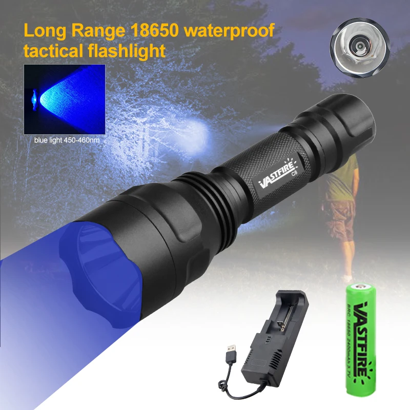 مصباح يدوي ملون قابل لإعادة الشحن مقاوم للماء بالأزرق والأشعة فوق البنفسجية، قادر على إضاءة 50-80 مترًا، مناسب للتخييم في الهواء الطلق