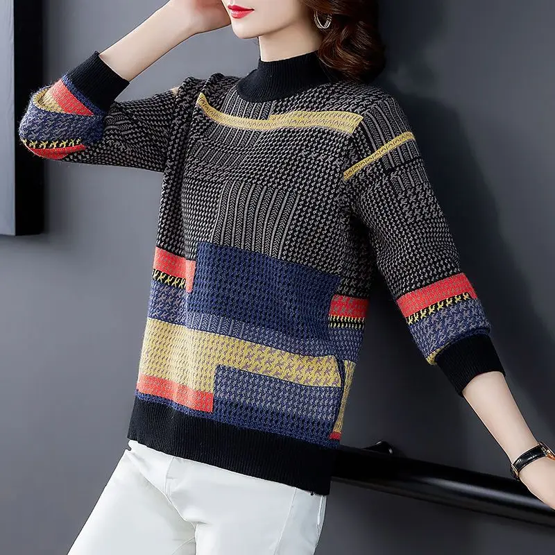 Women Clothes Half High Neck Contrast Knitting Pullovers Top Autumn Winter Long Sleeve O-neck Vintage Sweaters Fashion Casual