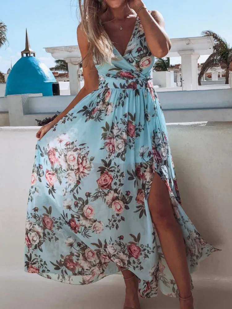 Letnie damskie sukienki z kwiatowym nadrukiem z dekoltem w szpic Sexy Boho Holiday Vintage Long Maxi Dress Evening Party Split Dresses Female Vestidos