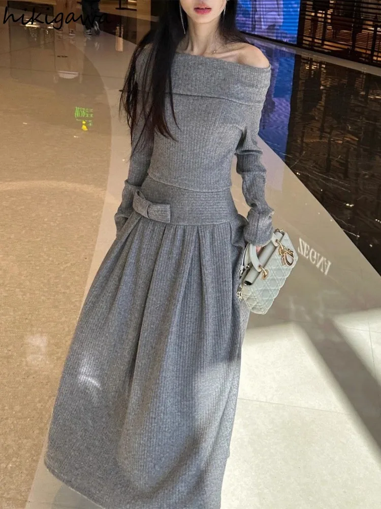 Fashion 2 Piece Skirt Set Women Clothes Slash Neck Off Shoulder Pullovers High Waist A-line Long Skirts Outfits Casual Knit Suit