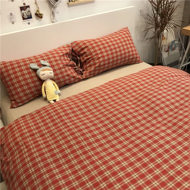 

Red Cotton Bed Sheets Luxury Nordic Plaid Aesthetic Full Duvet Cover Set Exotic Princess Vintage Fairy Cama Bedding Home Decor