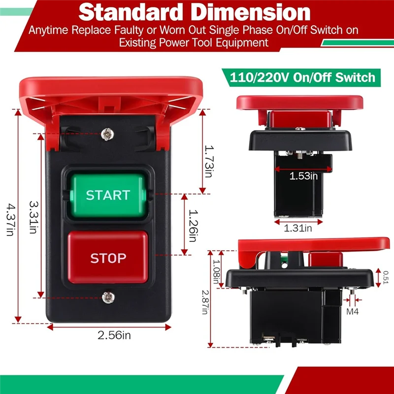 Interruptor liga/desliga monofásico ABKO-110/220V, interruptor de alimentação de segurança com pá de sinal de parada grande, contato fácil para energia para serra de mesa