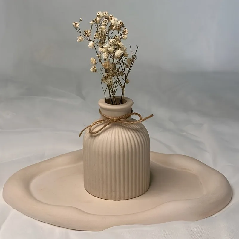 5pcs Striped Vase & Oval Tray Set with Resin/Plaster Flower Arrangers - Handmade Craft Kit for DIY Floral Displays, Desktop Cent