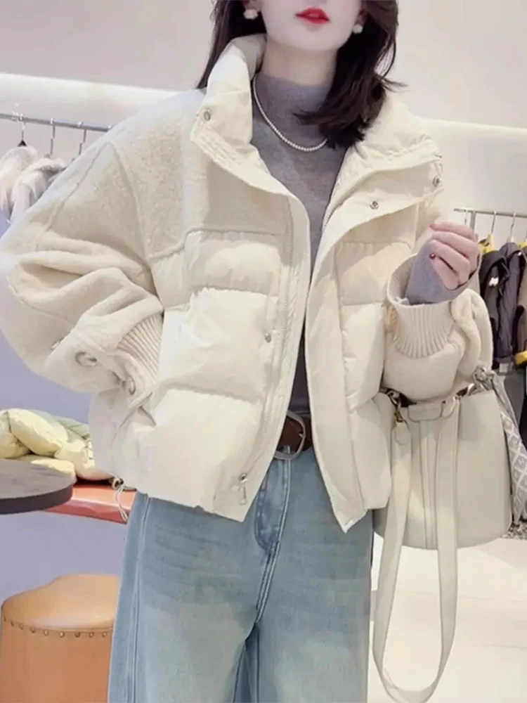

Ladies' Woolen Patchwork down Cotton Jacket Warm White Bread Style Coat Korean Loose Fit Thickened Winter Outerwear