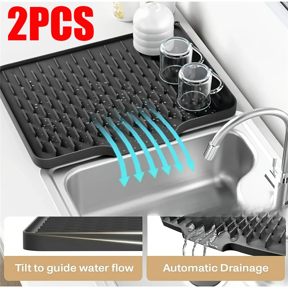 2 Stück Küchen-Silikon-Abtropfmatte mit integriertem Abflussdesign, leicht zu reinigen, für Arbeitsplatten, Spülbecken, Kühlschränke, Tischset NEU