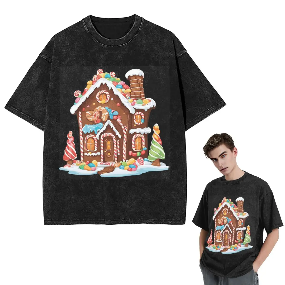 Streetwear T-Shirts Whimsical Gingerbread House Full Of Joy Washed T Shirt Short Sleeve Hip Hop T-Shirt Tops Tees for Men Women