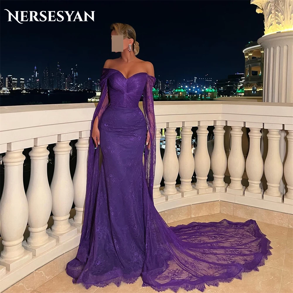 Nersesyan Purple Lace Mermaid Evening Dresses Off Shoulder Angel Sleeves Backless Party Gowns  فساتين للمناسبات الرسمية Saudi