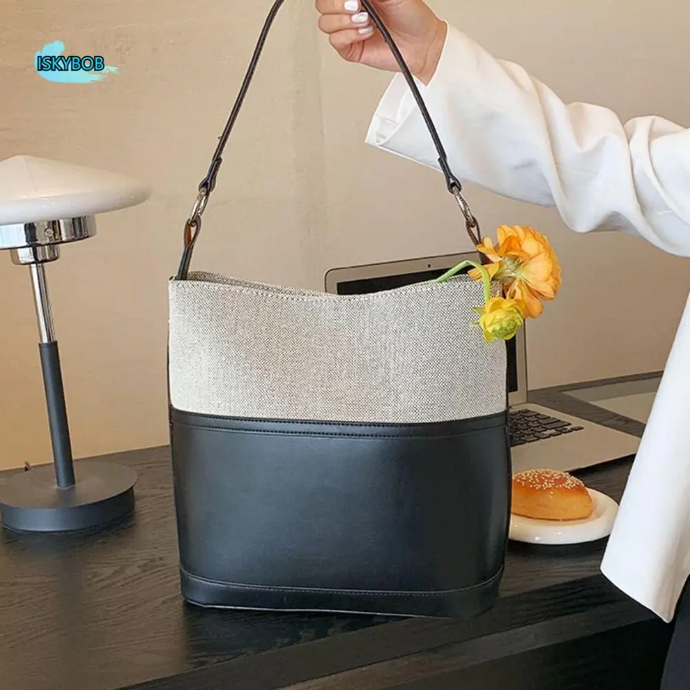 

Fashion Patchwork PU Leather Shoulder Bag Large Capacity Casual New Design Tote Bag Handbag Korean Style Women Bucket Bag Travel