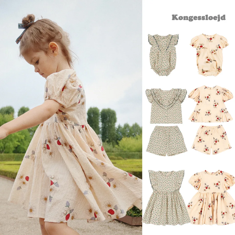 

Summer KS Baby Girls Cotton Flower Dresses Kids Clothes Toddler Girls T Shirts + Shorts Suits Baby Bodysuits Jumpsuit Sets 1-9Y