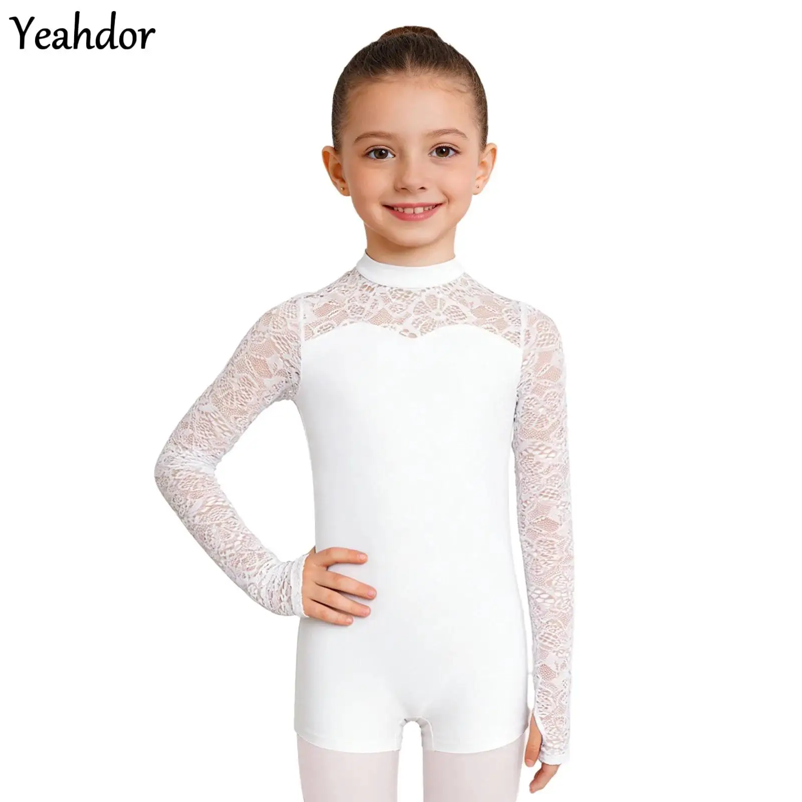 Kids Girls Gymnastics Dance Jumpsuit Floral Lace Ballet Leotard Long Sleeves Keyhole Back Yoga Bodysuit Performance Competition