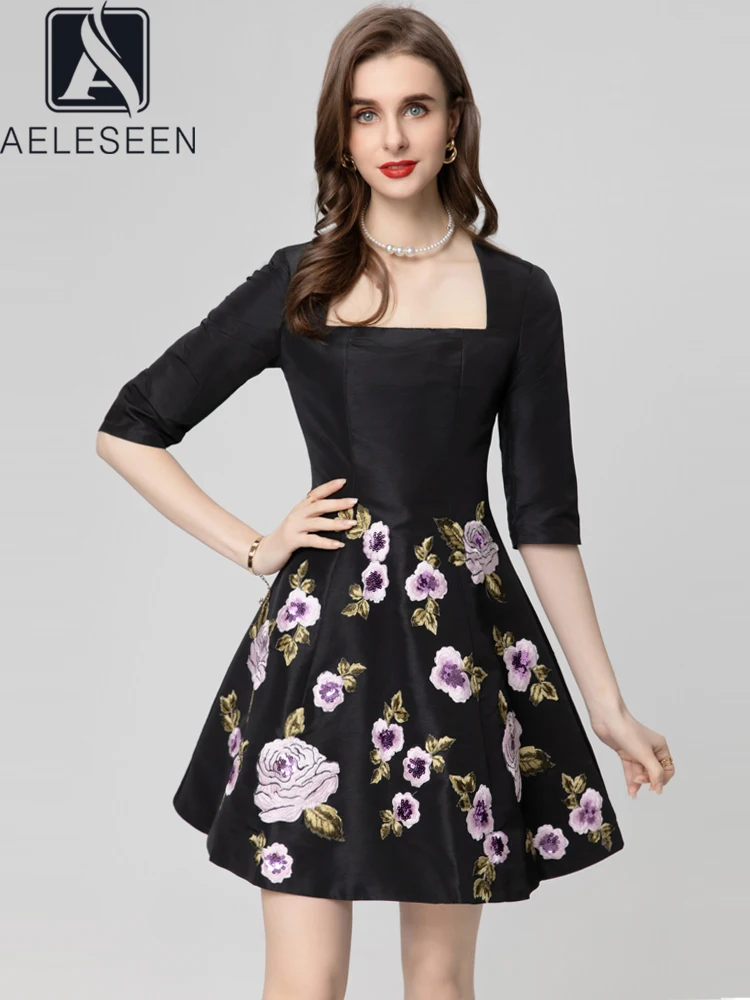 

AELESEEN Runway Fashion Mini Dress Women Spring Summer Half Sleeve Square Collar Pink Black Flower Embroidery Elegant Mini Party