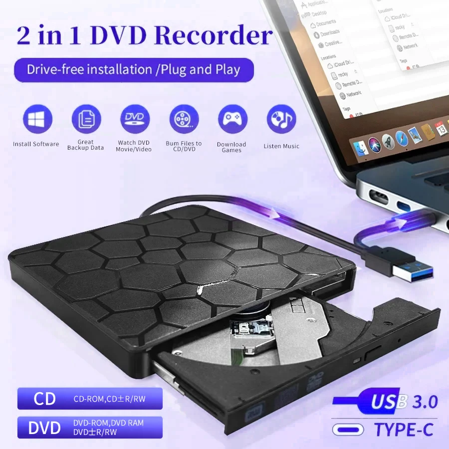 

2 in 1 External DVD RW Drive USB 3.0 Type C Interface Slim DVD CD Writer Burner Reader Player Optical Drive For Laptop Notebook