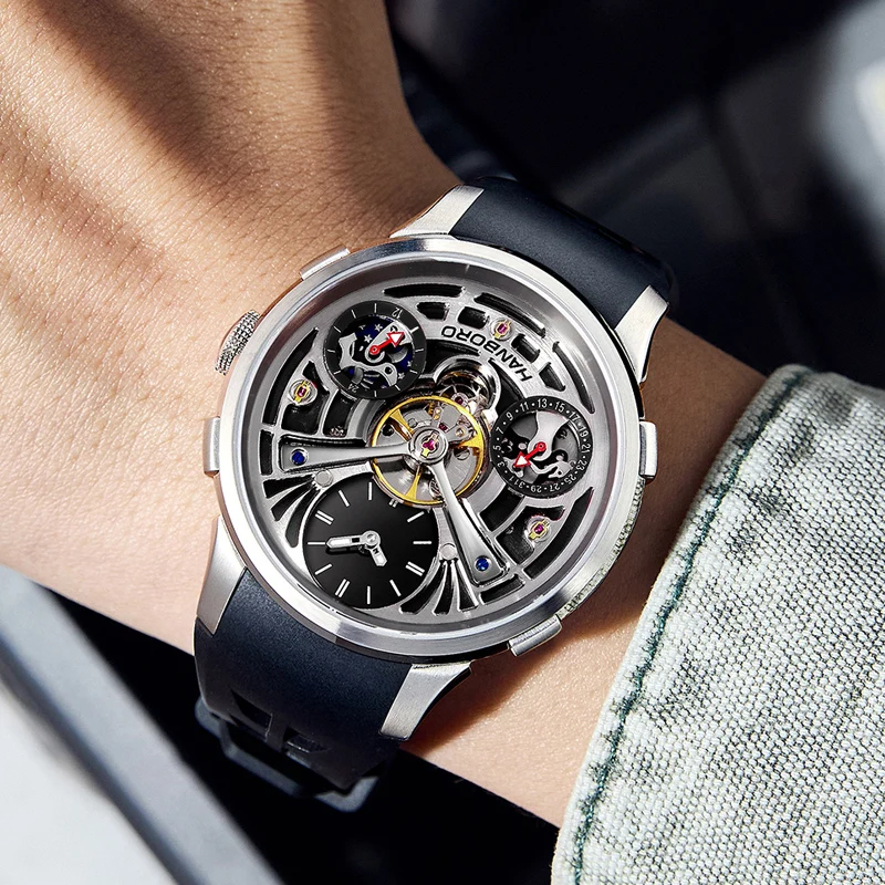 ساعة هانبورو أوتوماتيكية للرجال 44 ملم ساعة يد ميكانيكية هيكل عظمي مضيء ياقوت متعدد الاتصال تاريخ 24 ساعة