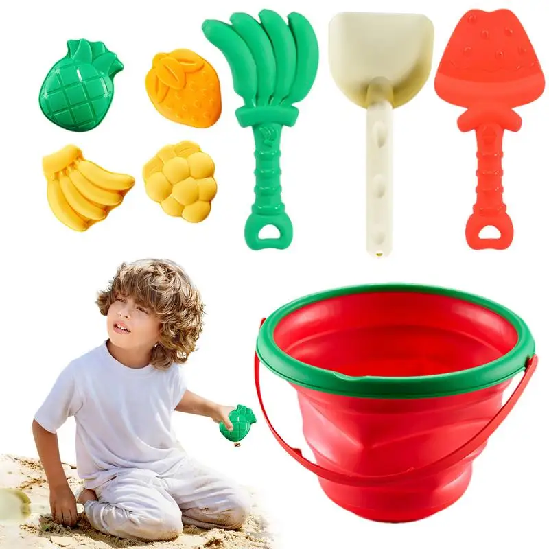 

8pcs Beach Toys For Kids Sand Toys Set For Toddler Sandbox Toys With Foldable Bucket Shovel Set Sand Fruit Molds Outdoor