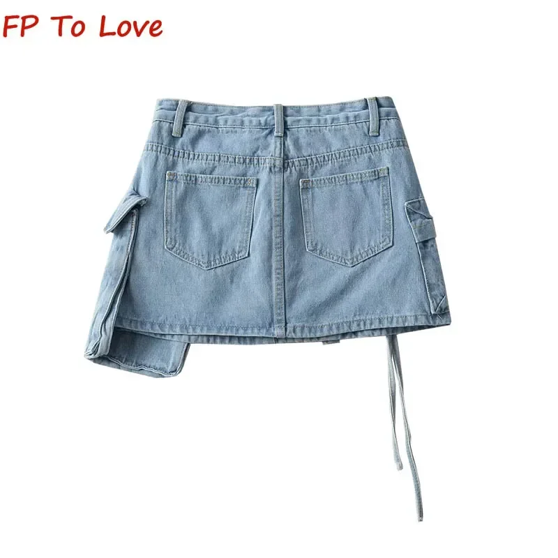 Y2K Retro 2023 Summer Irregular Workwear High Waist Anti-Shine Spice Style Denim Skirt Streetwear Women