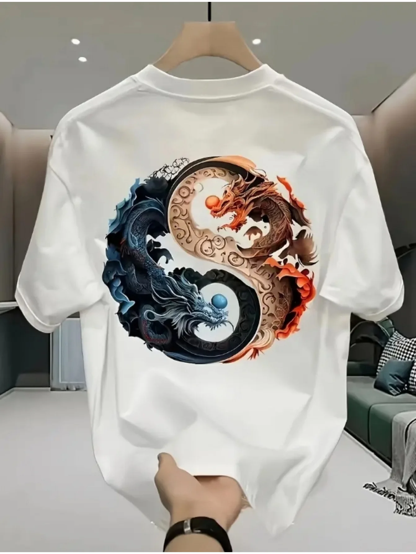 

Футболка с синим и оранжевым принтом дракона, летний уличный топ стандартного кроя с круглым вырезом для повседневного наряда, удобная рубашка