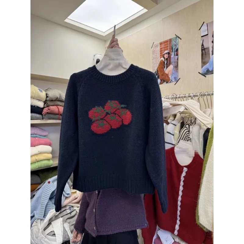 Estilo coreano otoño nuevo diseño de tomate tejido Casual de manga larga cuello redondo suéter Top para mujer