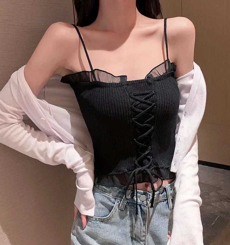 

Plus Size Women's Camisole Top with Cross Strap Design And Lace Trim Inner Wear Casual Fashionable plus Size Vest