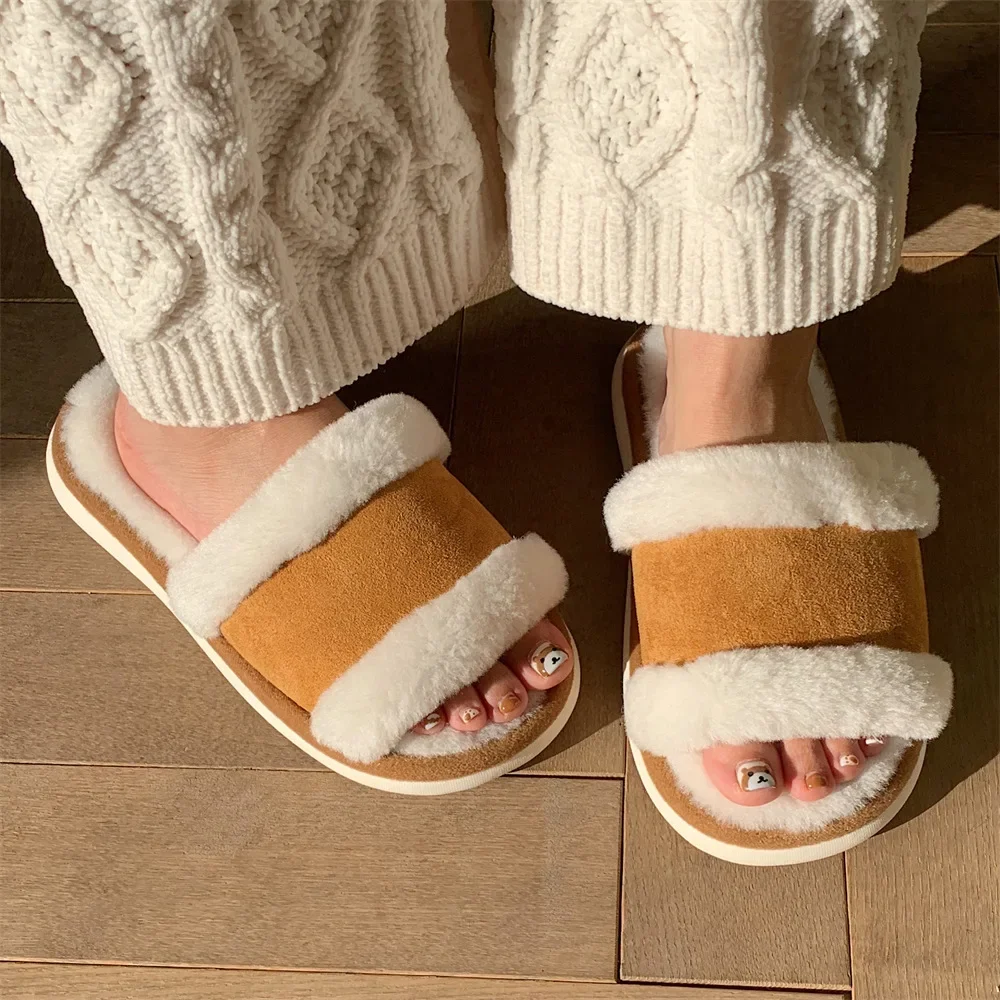 

Winter indoor home warmth solid color cotton slippers simple plush soft bottom one-word slippers women