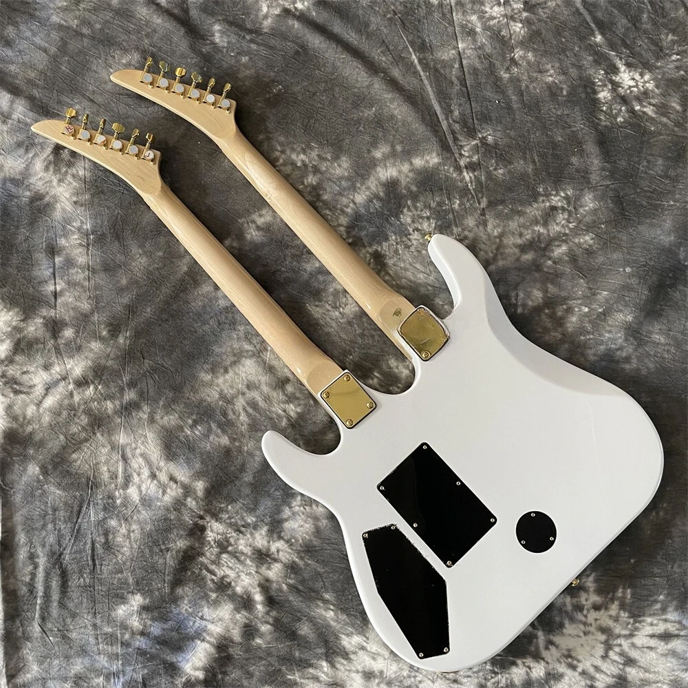 Custom Double Neck Guitar White Body Maple Fingerboard Stars Inlaid Gold Tremolo Bridge HHH Pickups