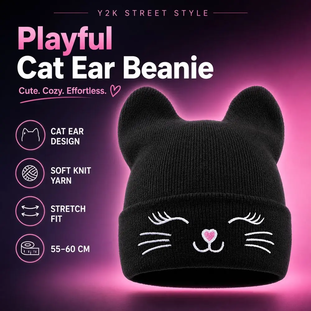 Gifts Yarn Cat Ear Beanie Stretchable Knit Punk Gothic Striped Beanie Y2K Harajuku Knitted Skull Cap Spring Autumn Winter