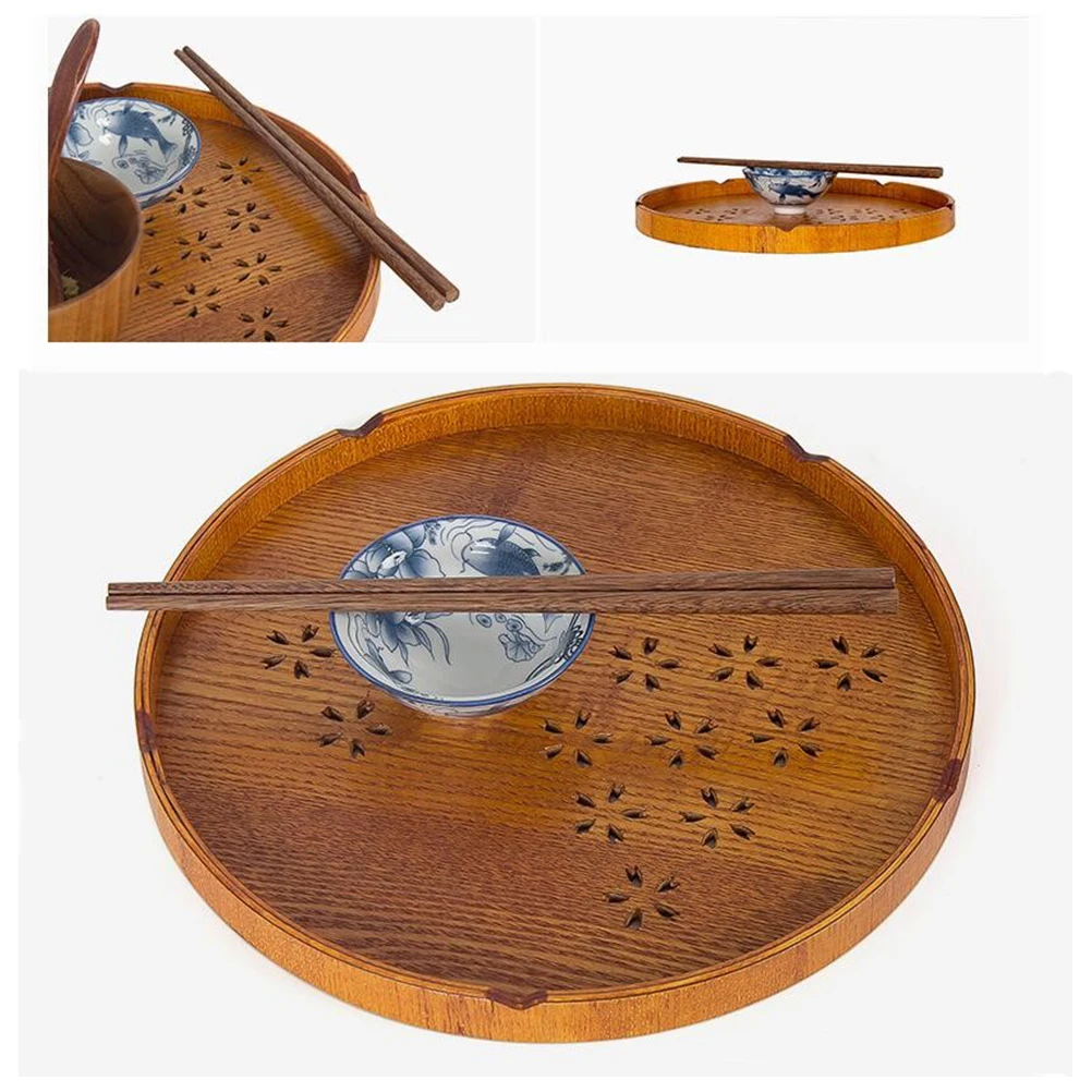 

Wooden Tea Tray Round Serving Decorative with Handles Platter Fruit Coffee Table